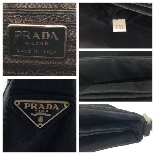 PRADA Shoulder Bag Nylon Black Silver Metal Hobo One Shoulder Bag with Plastic Handle Test Triangle With logo Women Used Authentic