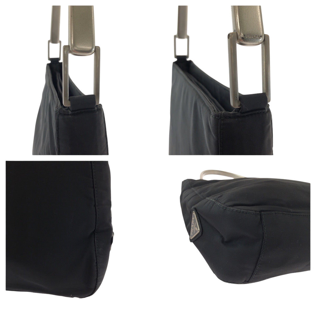 PRADA Shoulder Bag Nylon Black Silver Metal Hobo One Shoulder Bag with Plastic Handle Test Triangle With logo Women Used Authentic