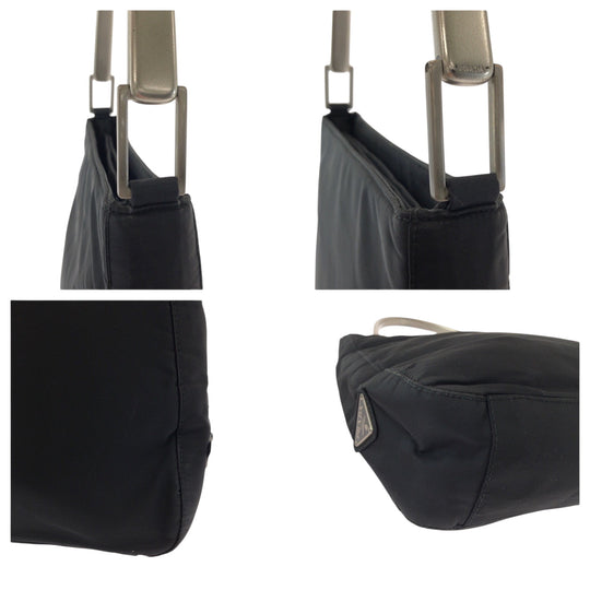 PRADA Shoulder Bag Nylon Black Silver Metal Hobo One Shoulder Bag with Plastic Handle Test Triangle With logo Women Used Authentic