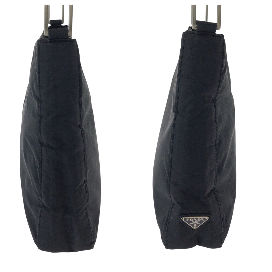 PRADA Shoulder Bag Nylon Black Silver Metal Hobo One Shoulder Bag with Plastic Handle Test Triangle With logo Women Used Authentic