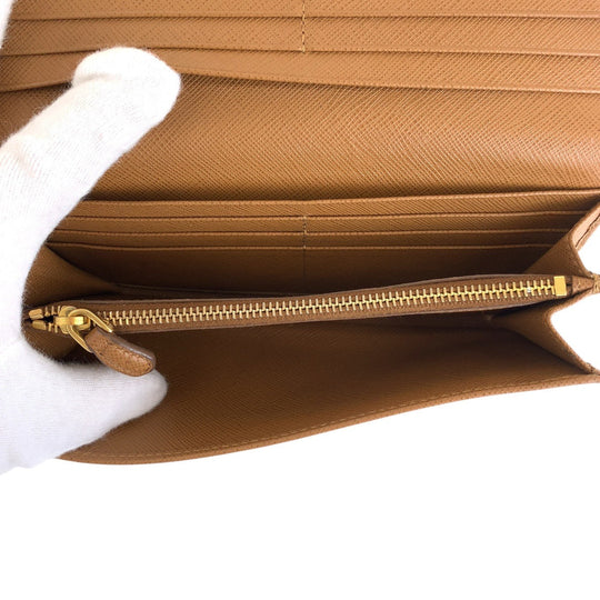 PRADA Long Wallet Purse leather Brown Camel Gold Metal Long Wallet Purse Long wallet unisex Safiano Women Used Authentic
