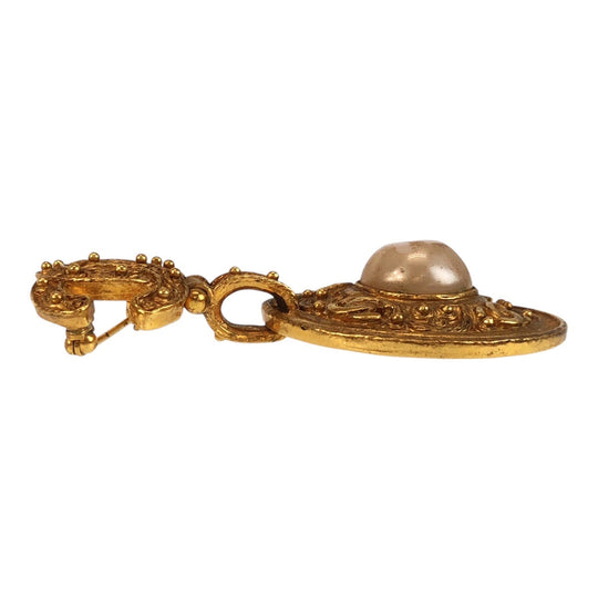 CHANEL Brooch Plating, Fake Pearl gold Brooch COCO Mark Women Used Authentic