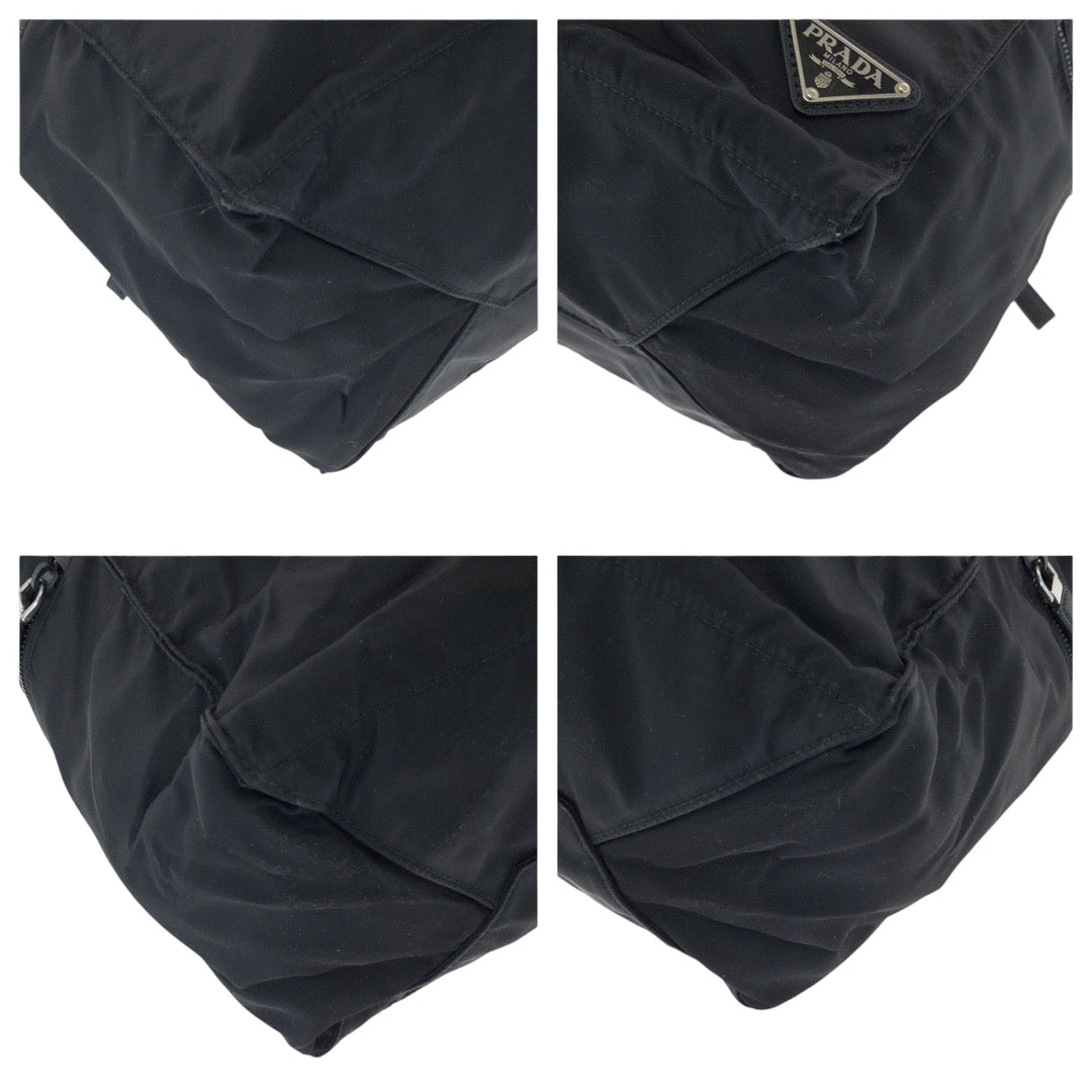 PRADA Tote Bag Nylon Black SilverMetal Tote Bag Shoulder Bag Test Triangle With logo Women Used Authentic
