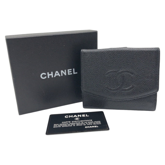 CHANEL Bifold Wallet Caviar skin black Bifold Wallet Compact Wallet COCO Mark Women Used Authentic