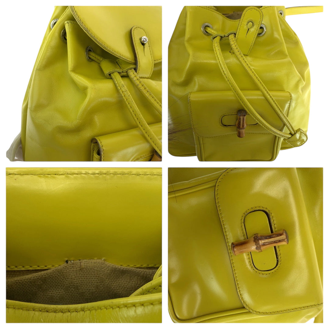 GUCCI Backpack 003 2034 0030 leather Yellow Brown SilverMetal Backpack Backpack Bamboo Women Used Authentic