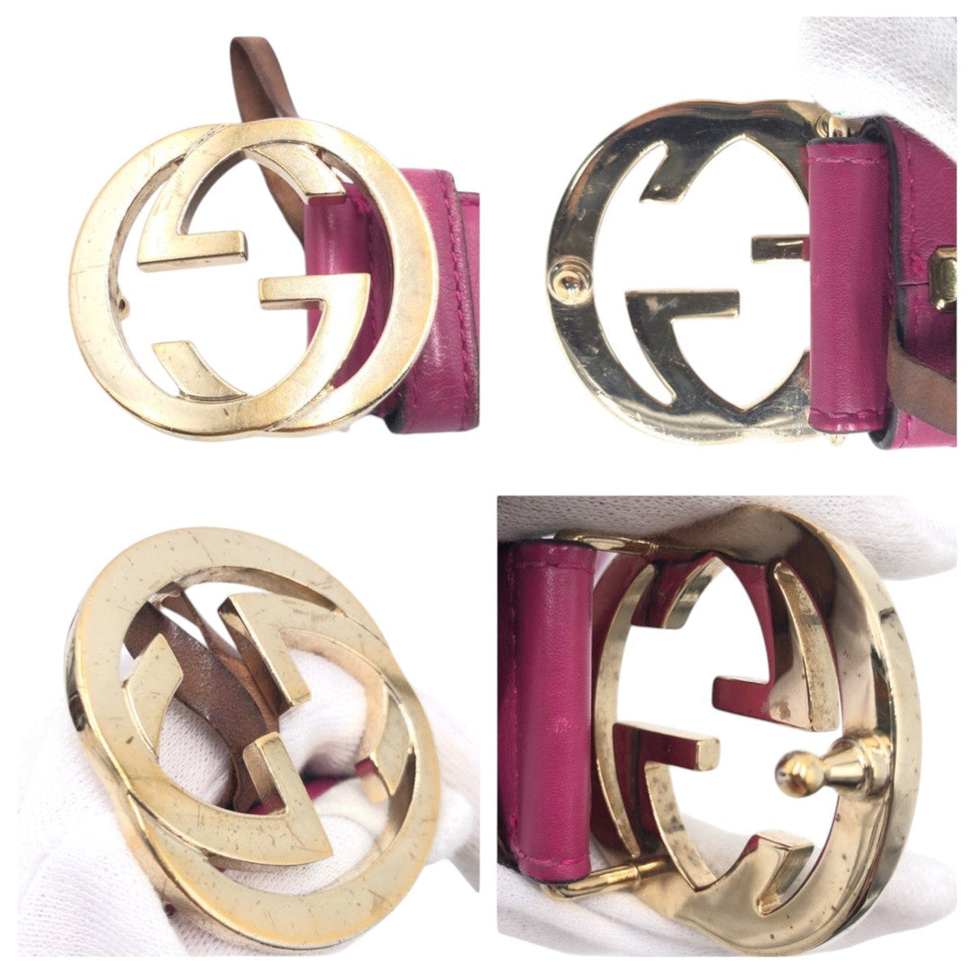 GUCCI belt 370543 AP00G leather Purple gold Interlocking G Women Used Authentic