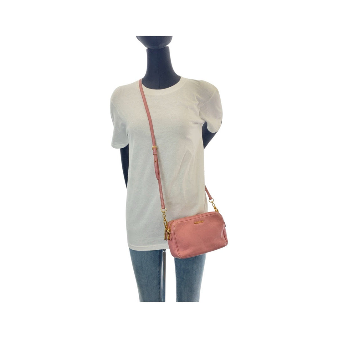MIUMIU Shoulder Bag leather Pink Black Gold Metal Shoulder Bag Clutch Bag Madras Women Used Authentic