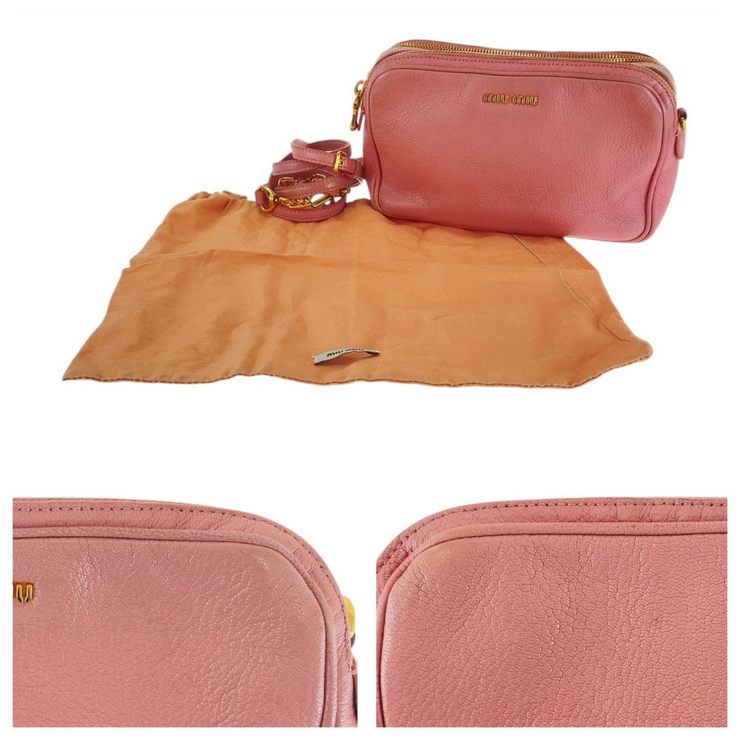 MIUMIU Shoulder Bag leather Pink Black Gold Metal Shoulder Bag Clutch Bag Madras Women Used Authentic
