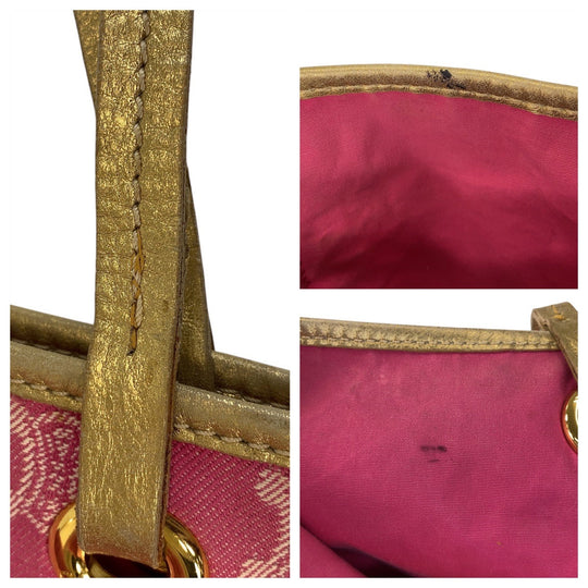 CELINE Tote Bag Canvas, Leather Pink Gold Metal Tote Bag Shoulder Bag Macadam Women Used Authentic