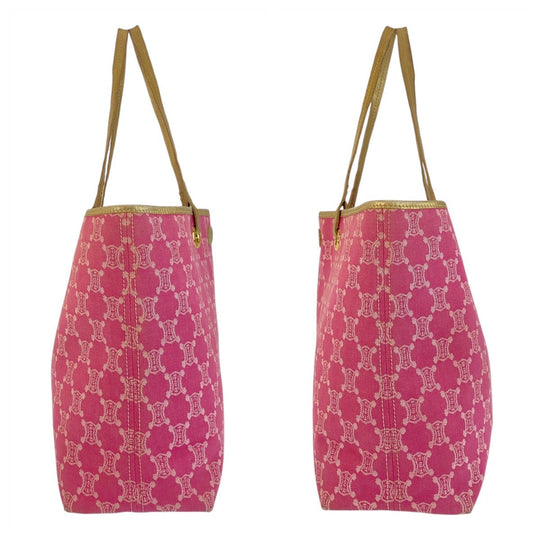 CELINE Tote Bag Canvas, Leather Pink Gold Metal Tote Bag Shoulder Bag Macadam Women Used Authentic