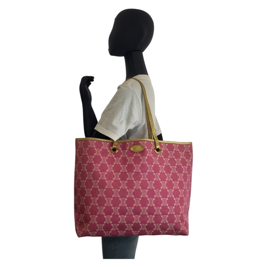 CELINE Tote Bag Canvas, Leather Pink Gold Metal Tote Bag Shoulder Bag Macadam Women Used Authentic