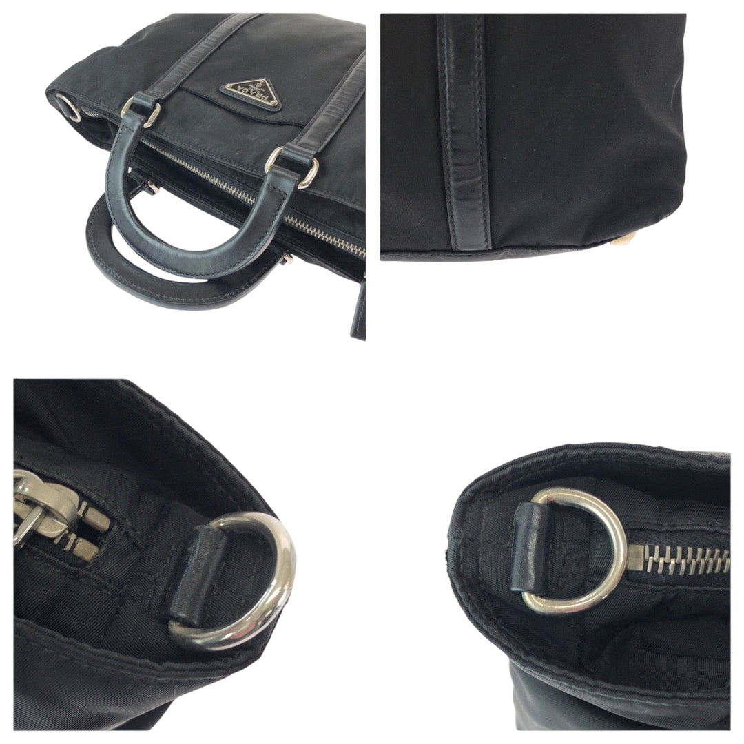 PRADA Tote Bag B1066M Nylon Black Silver Metal Tote Bag Shoulder Bag Handbag 2way Test Triangle With logo Women Used Authentic