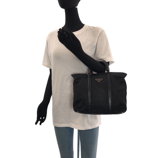 PRADA Tote Bag B1066M Nylon Black Silver Metal Tote Bag Shoulder Bag Handbag 2way Test Triangle With logo Women Used Authentic