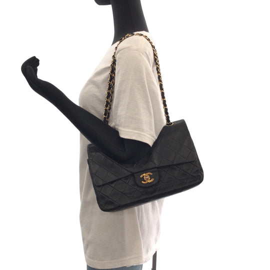 CHANEL Shoulder Bag lambskin Black GoldMetal ChainShoulder Bag Mattasse double flap COCO Mark Turnlock Women Used Authentic