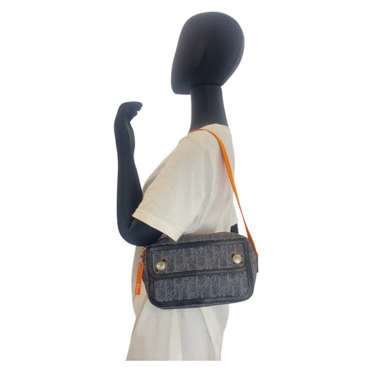 Dior Shoulder Bag canvas Navy Black Orange SilverMetal Shoulder Bag pochette Flightline trotter Women Used Authentic