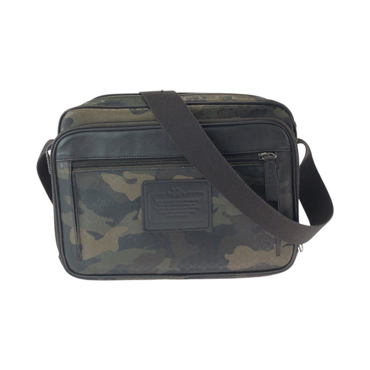 COACH Shoulder Bag leather Khaki Black SilverMetal Shoulder Bag pochette Signature Camouflage Pattern mens Used Authentic