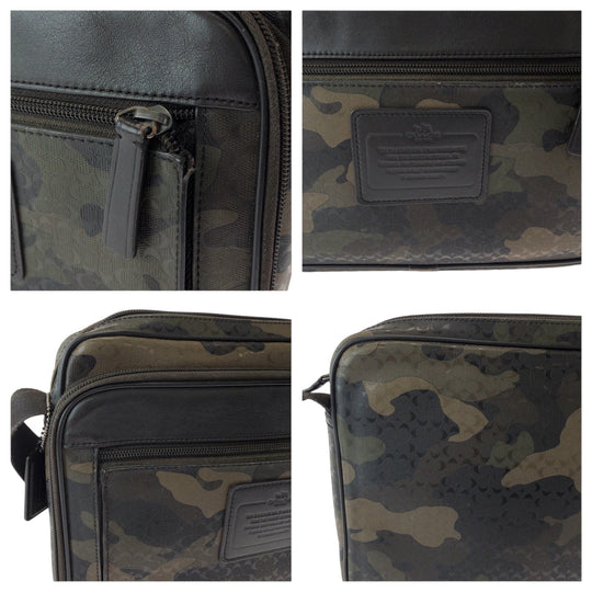 COACH Shoulder Bag leather Khaki Black SilverMetal Shoulder Bag pochette Signature Camouflage Pattern mens Used Authentic
