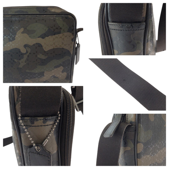 COACH Shoulder Bag leather Khaki Black SilverMetal Shoulder Bag pochette Signature Camouflage Pattern mens Used Authentic