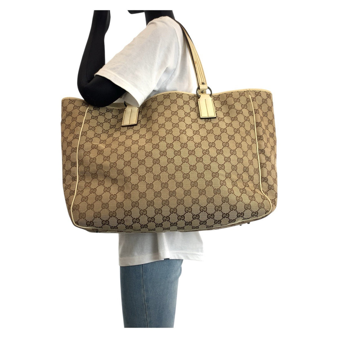 GUCCI Tote Bag 113022 GG canvas, leather Brown White SilverMetal Tote Bag Shoulder Bag Women Used Authentic