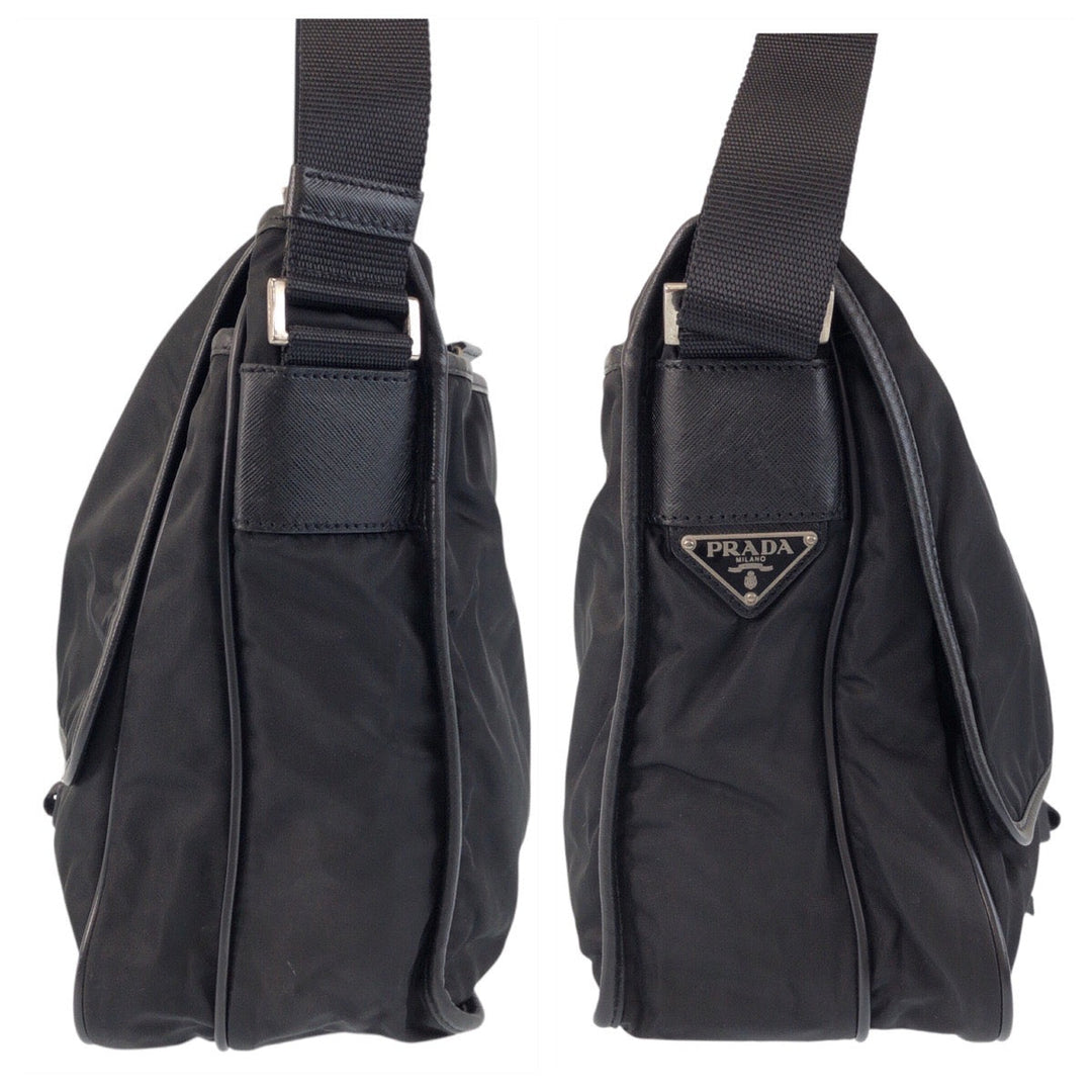 PRADA Shoulder Bag Nylon Black SilverMetal Shoulder Bag Messenger bag Test Triangle With logo Women Used Authentic