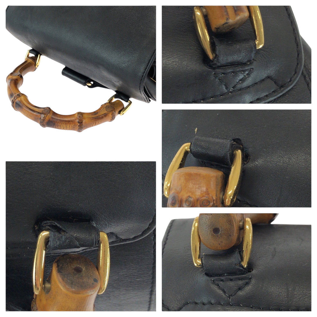 GUCCI Backpack 003 2058 0016 leather Black Brown Gold Metal Backpack Backpack Bamboo Women Used Authentic