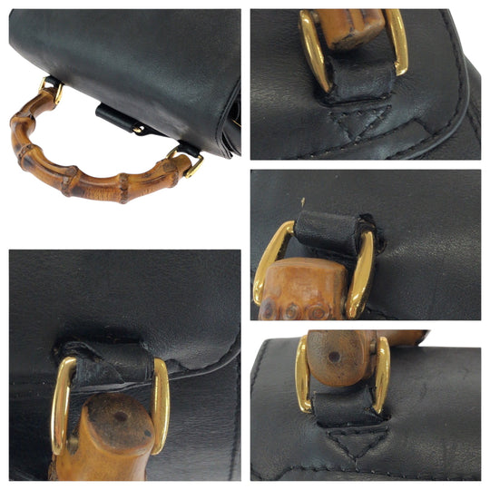 GUCCI Backpack 003 2058 0016 leather Black Brown Gold Metal Backpack Backpack Bamboo Women Used Authentic