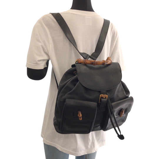 GUCCI Backpack 003 2058 0016 leather Black Brown Gold Metal Backpack Backpack Bamboo Women Used Authentic