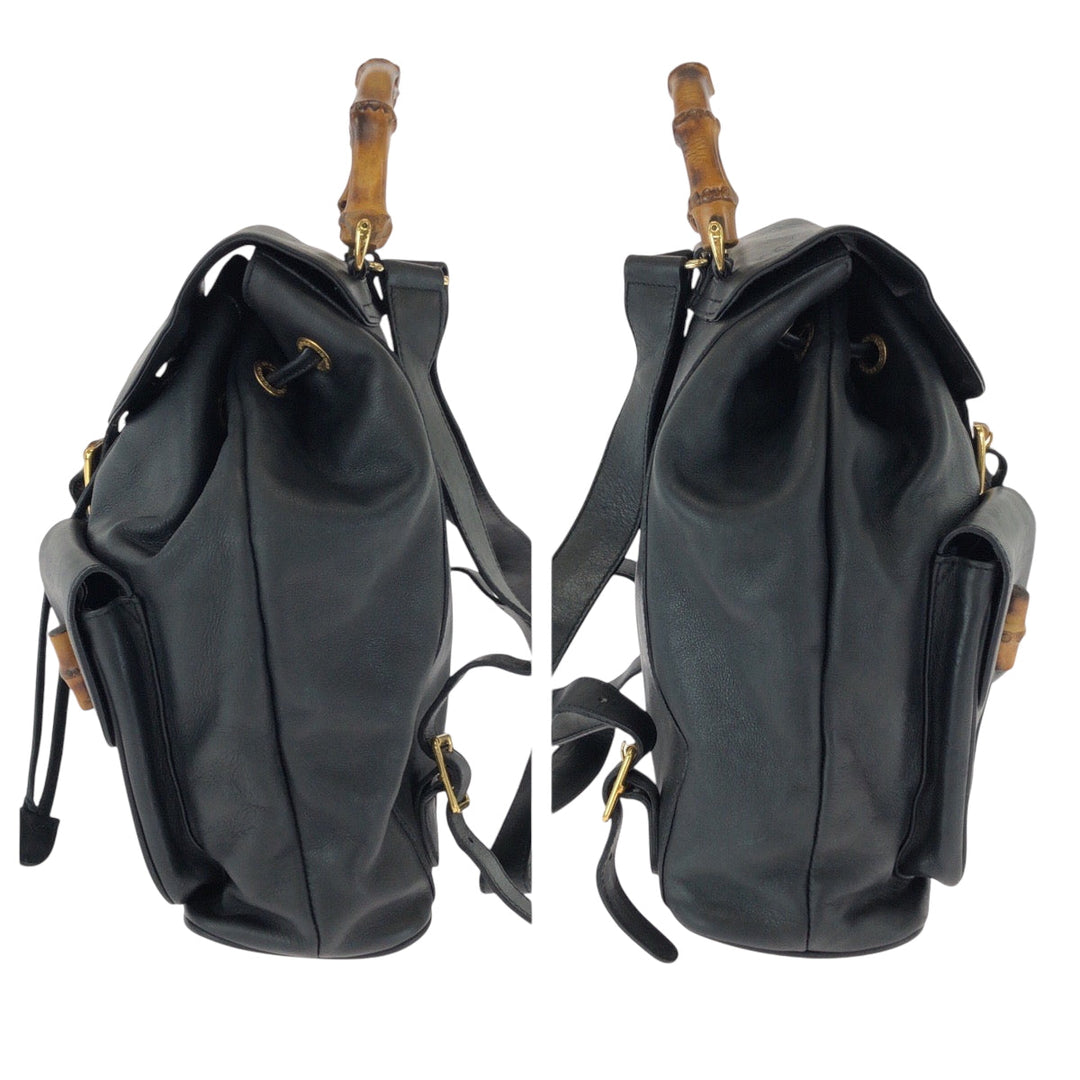 GUCCI Backpack 003 2058 0016 leather Black Brown Gold Metal Backpack Backpack Bamboo Women Used Authentic
