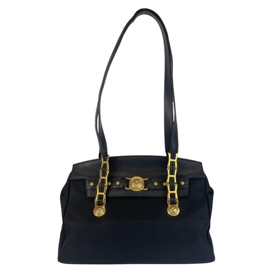 VERSACE Shoulder Bag Nylon, Leather Black GoldMetal Sunburst Women Used Authentic
