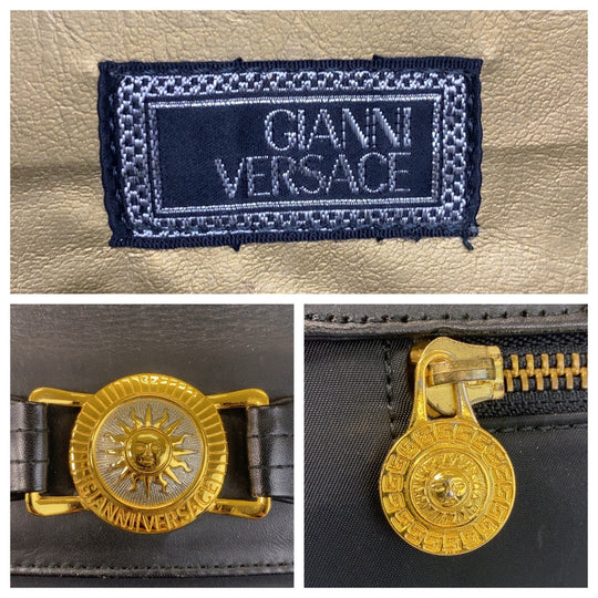VERSACE Shoulder Bag Nylon, Leather Black GoldMetal Sunburst Women Used Authentic