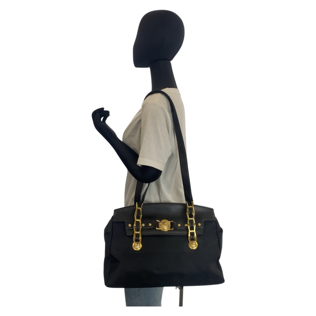 VERSACE Shoulder Bag Nylon, Leather Black GoldMetal Sunburst Women Used Authentic