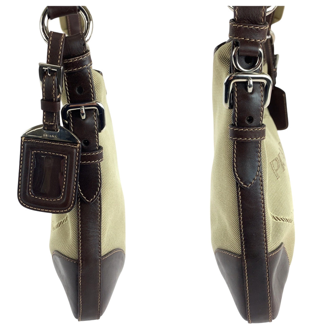 PRADA Shoulder Bag BT0534 canvas Beige brown Shoulder Bag pochette Logo jacquard Women Used Authentic
