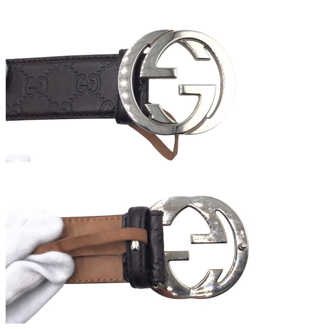 GUCCI belt 114984 AA61N leather Brown silver GG pattern