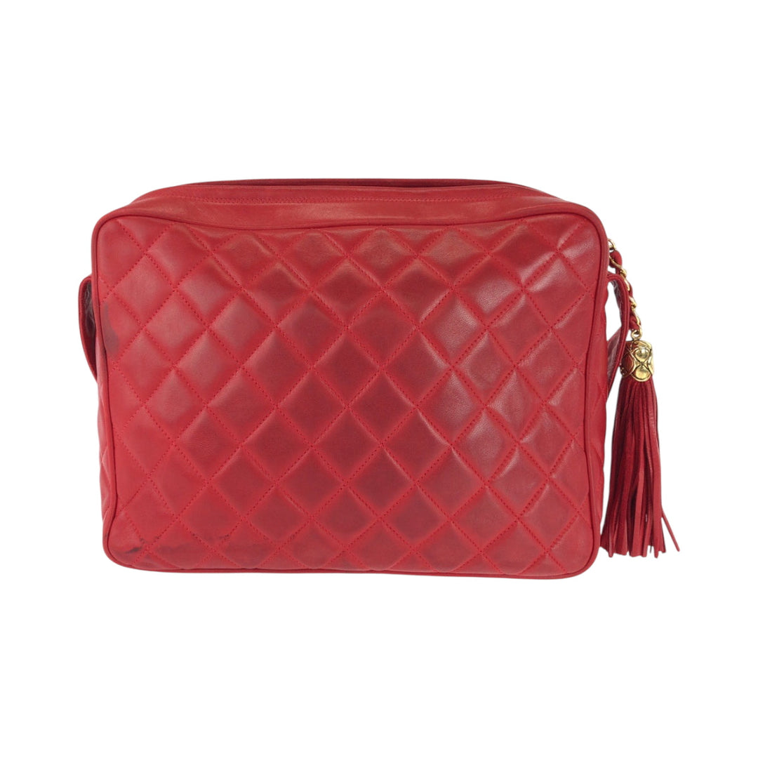 CHANEL Shoulder Bag lambskin Red Shoulder Bag pochette Matrasse COCO Mark Tassel Fringe Women Used Authentic