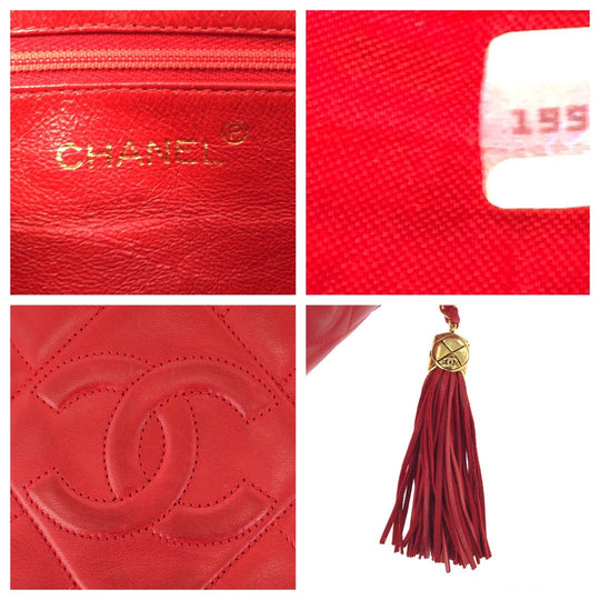 CHANEL Shoulder Bag lambskin Red Shoulder Bag pochette Matrasse COCO Mark Tassel Fringe Women Used Authentic