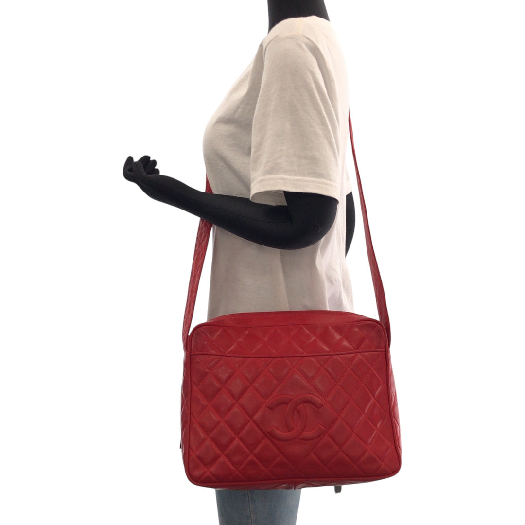 CHANEL Shoulder Bag lambskin Red Shoulder Bag pochette Matrasse COCO Mark Tassel Fringe Women Used Authentic