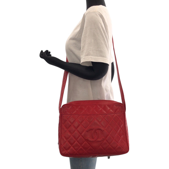 CHANEL Shoulder Bag lambskin Red Shoulder Bag pochette Matrasse COCO Mark Tassel Fringe Women Used Authentic