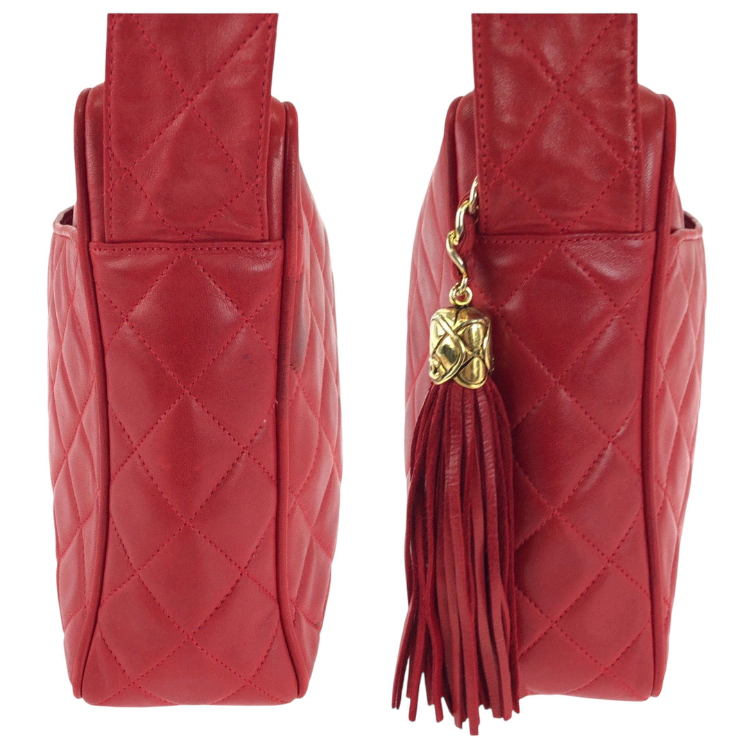 CHANEL Shoulder Bag lambskin Red Shoulder Bag pochette Matrasse COCO Mark Tassel Fringe Women Used Authentic