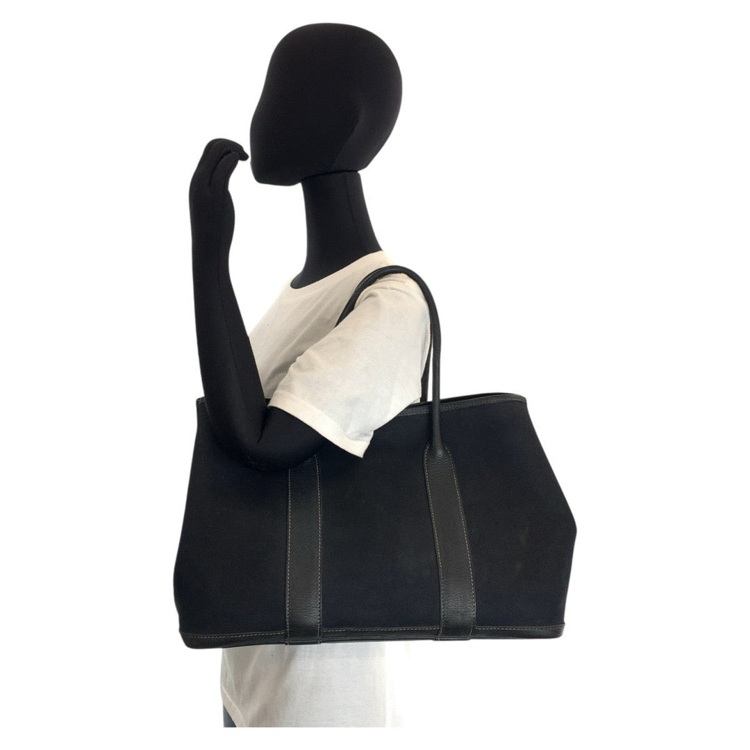 HERMES Tote Bag Canvas, Leather black Tote Bag Shoulder Bag Garden party PM Women Used Authentic