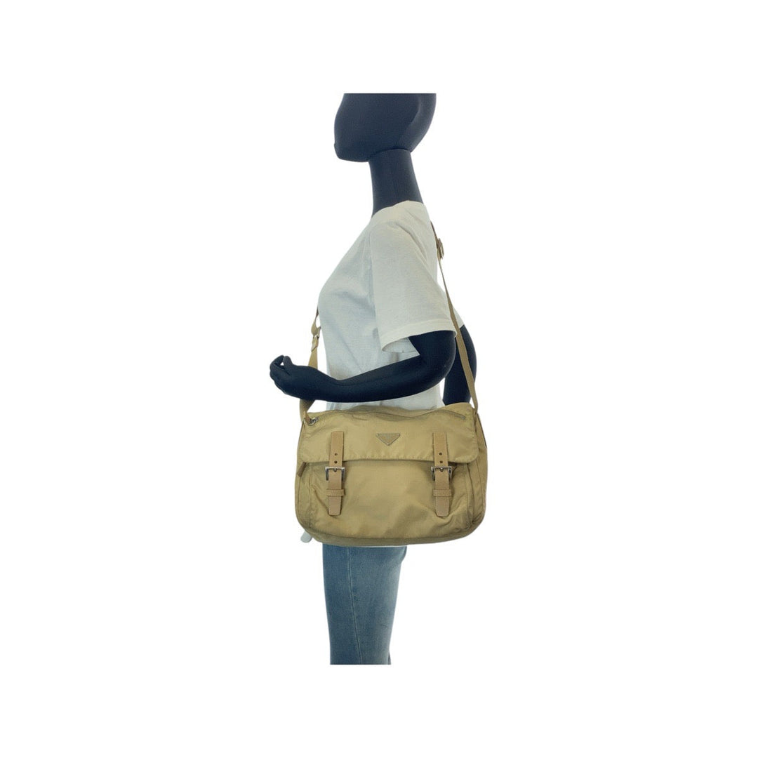 PRADA Shoulder Bag Nylon, Leather Beige Brown SilverMetal Shoulder Bag Messenger bag Test Triangle With logo Women Used Authentic