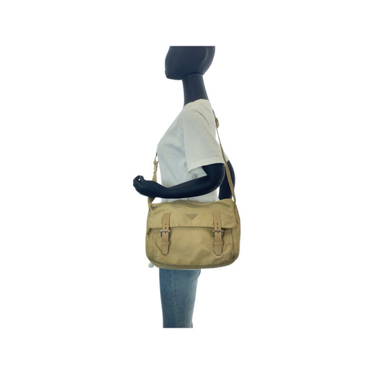 PRADA Shoulder Bag Nylon, Leather Beige Brown SilverMetal Shoulder Bag Messenger bag Test Triangle With logo Women Used Authentic