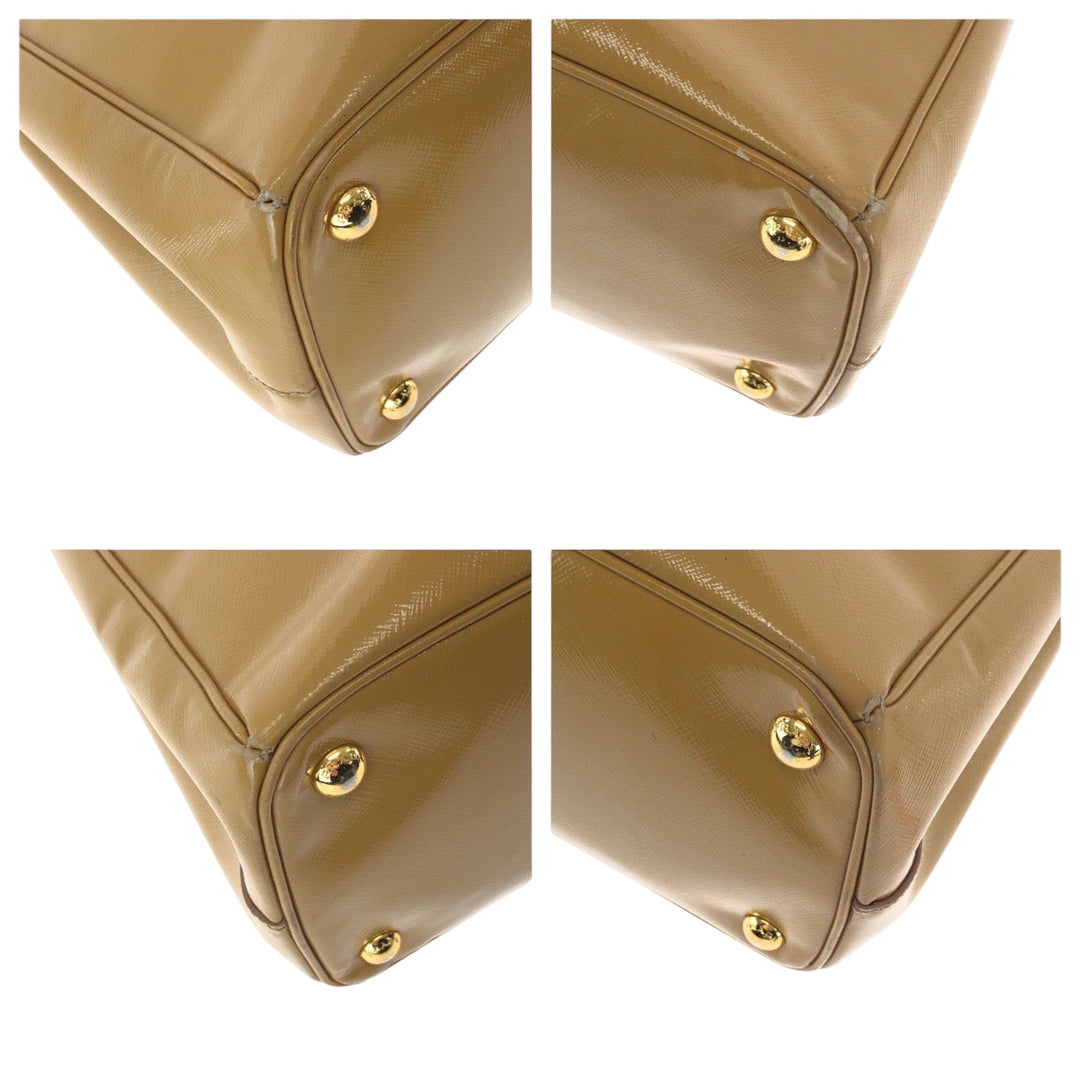 PRADA Tote Bag Patent leather Beige Brown Gold Metal Tote Bag handbag Safiano Galleria TriangleWith logo Women Used Authentic
