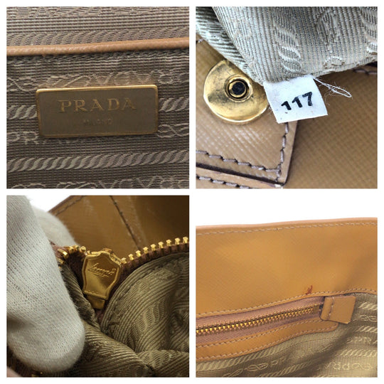 PRADA Tote Bag Patent leather Beige Brown Gold Metal Tote Bag handbag Safiano Galleria TriangleWith logo Women Used Authentic