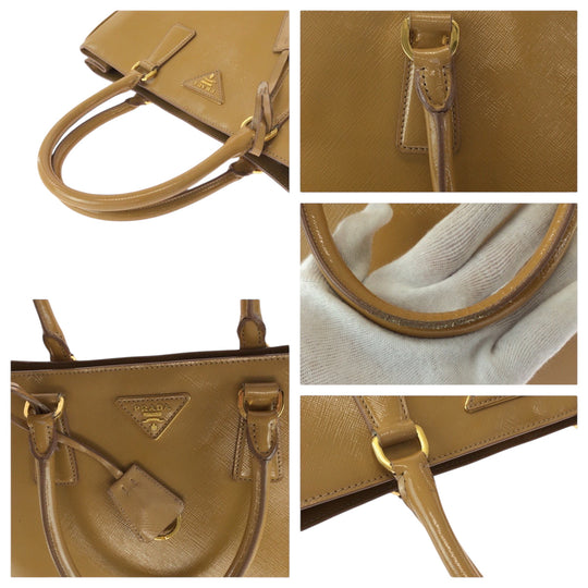 PRADA Tote Bag Patent leather Beige Brown Gold Metal Tote Bag handbag Safiano Galleria TriangleWith logo Women Used Authentic