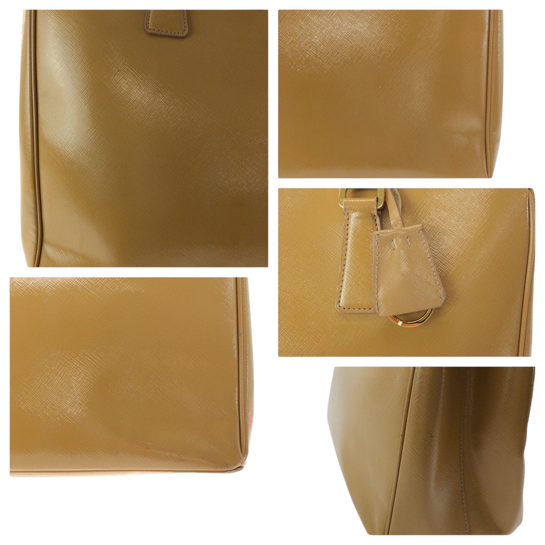 PRADA Tote Bag Patent leather Beige Brown Gold Metal Tote Bag handbag Safiano Galleria TriangleWith logo Women Used Authentic