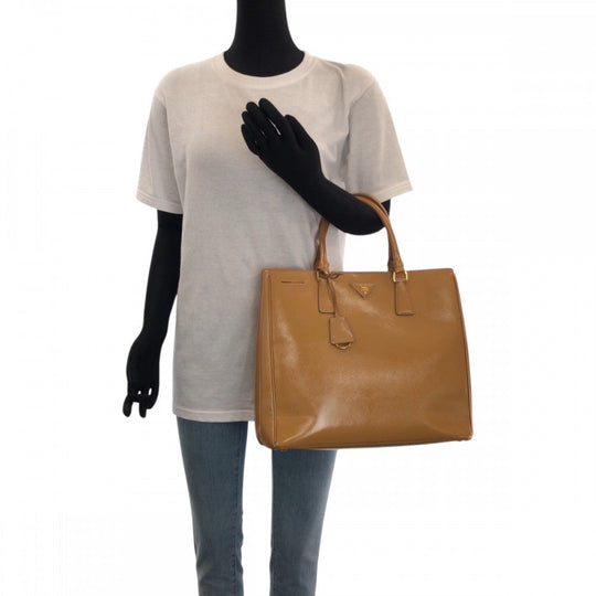 PRADA Tote Bag Patent leather Beige Brown Gold Metal Tote Bag handbag Safiano Galleria TriangleWith logo Women Used Authentic