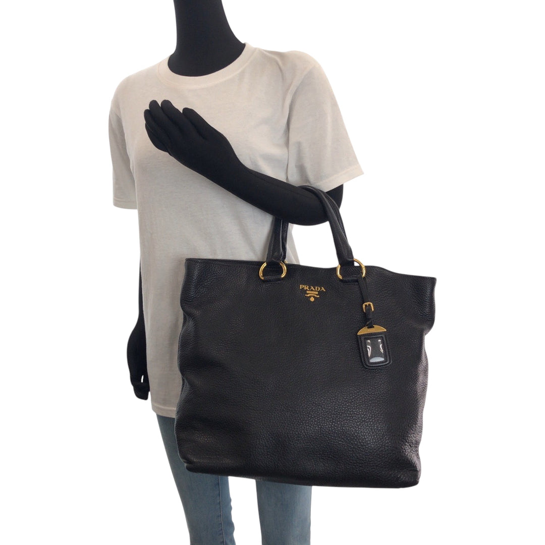 PRADA Shoulder Bag BN1713 leather Black Gold Metal Shoulder Bag Tote Bag 2way Vitterodino logo Women Used Authentic