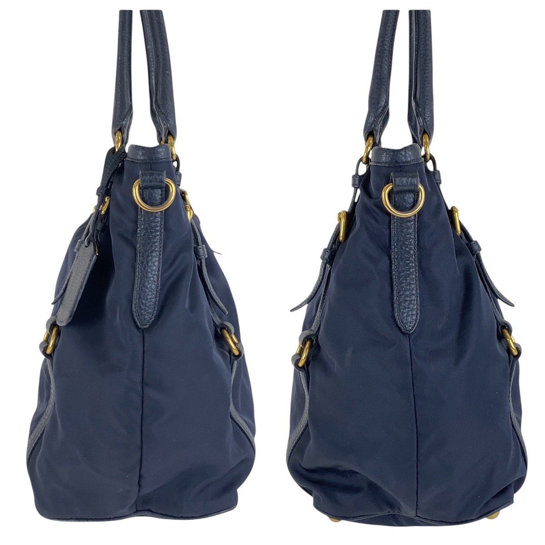PRADA Shoulder Bag Nylon, Leather Navy Gold Metal Shoulder Bag handbag Women Used Authentic