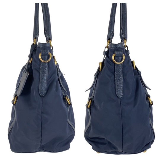 PRADA Shoulder Bag Nylon, Leather Navy Gold Metal Shoulder Bag handbag Women Used Authentic