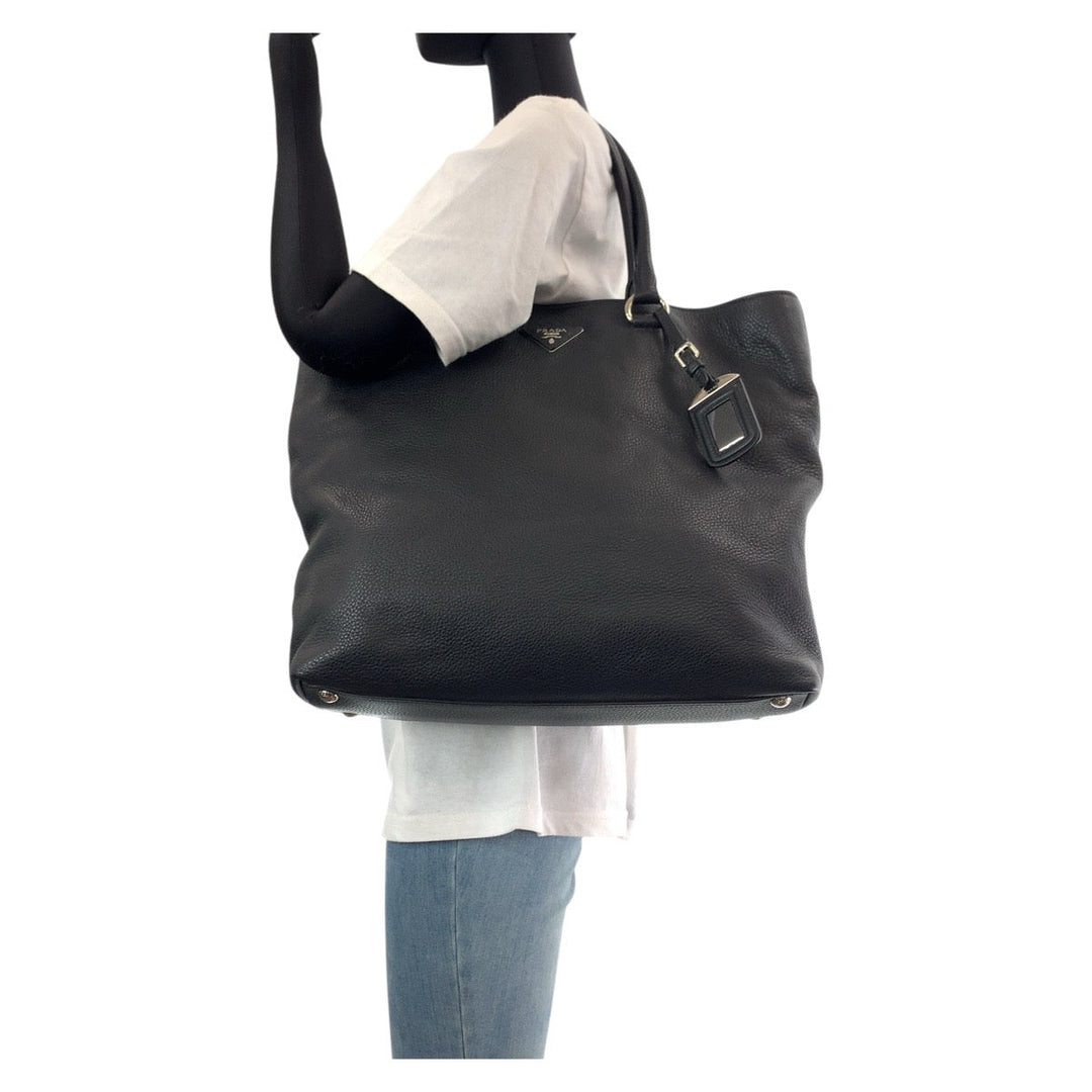 PRADA Tote Bag leather Black SilverMetal Tote Bag Shoulder Bag 2way Vittero Dyno Triangle With logo Women Used Authentic
